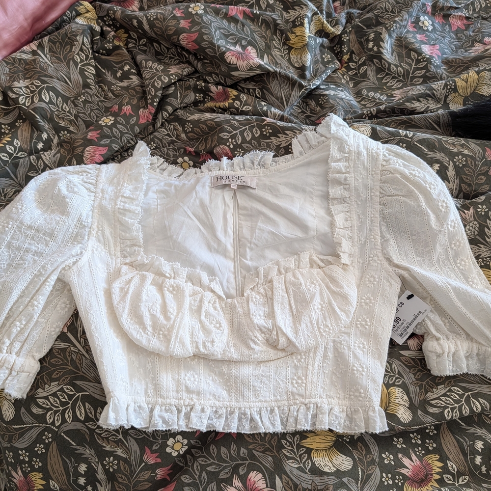 House Of CB White Crop Blouse with Ruffle Accents